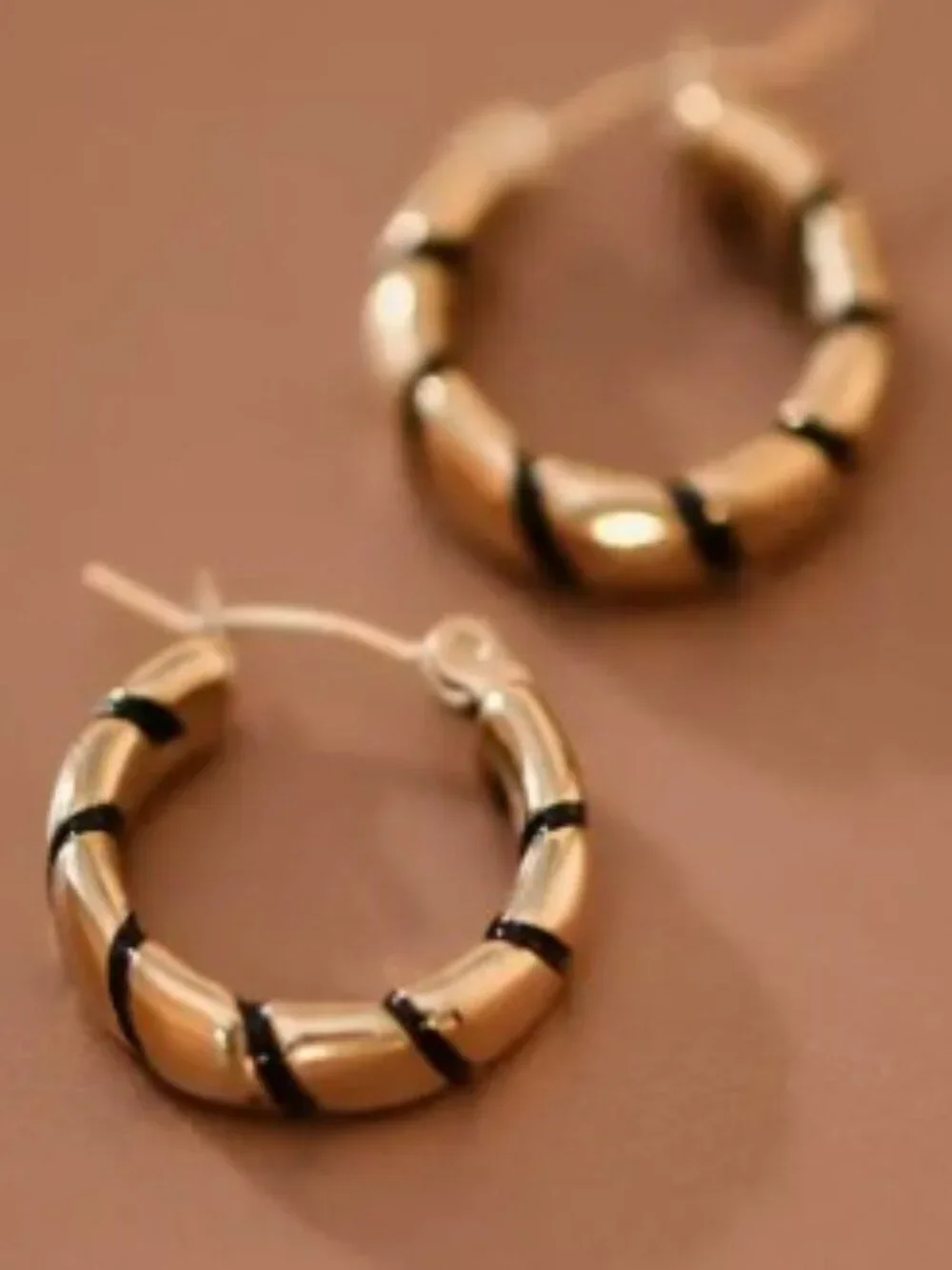 NWT 18K Gold Plated Stainless Steel Black Enamel Hoop Earrings.